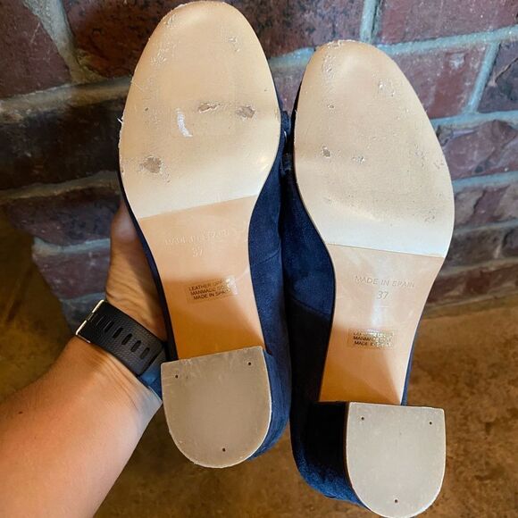 Anthropologie KMB navy suede crossed ruffle stacked heels - Picture 7 of 9